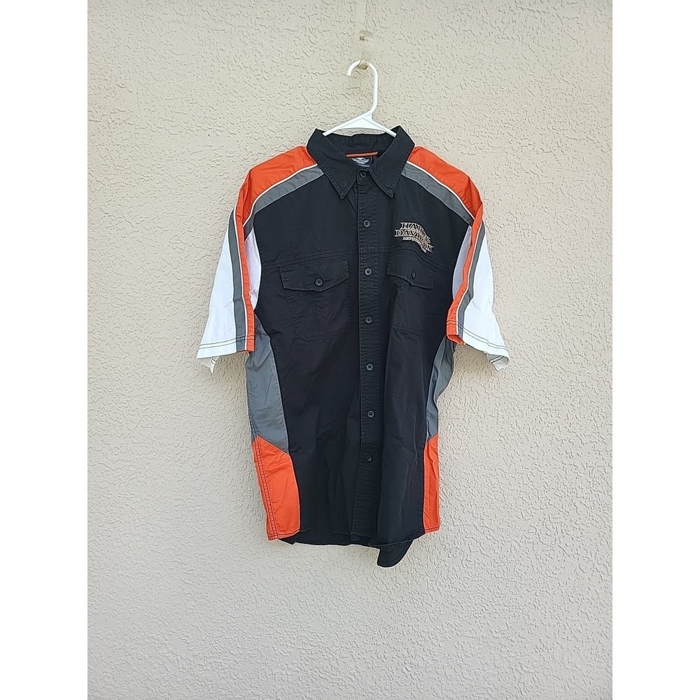 Harley Davidson Men's Black /Orange Pin Striped Button Up with Flames Sz L